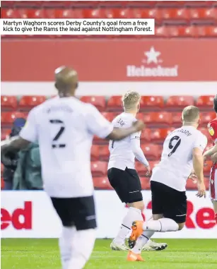  ??  ?? Martyn Waghorn scores Derby County’s goal from a free kick to give the Rams the lead against Nottingham Forest.