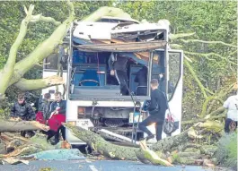  ?? Pictures: Kim Cessford, Gareth Jennings, PPA. ?? Clockwise from top, workers remove a fallen tree from a road near Guardbridg­e; visitors to V&amp;A Dundee battle against the wind; waves crash against Arbroath Harbour; shoppers in Perth struggle to stay dry.