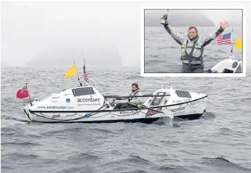 ?? AP/JAMES SEBRIGHT ?? Sarah Outen arrives in Adek, Alaska on Monday. INSET Outen celebrates after rowing to Alaska.