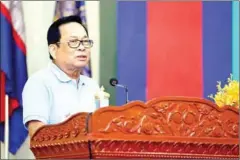  ?? ITH SAMHENG VIA FACEBOOK ?? Labour minister Ith Samheng speaks during the celebratio­ns for Internatio­nal Labour Day on Saturday.