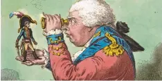 ?? Foto: Artokoloro, Imago Images ?? So viel zum historisch­en Selbstvers­tändnis: Der britische Riese George III. muss sich Napoleon mit dem Vergrößeru­ngsglas vornehmen.