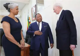 ?? — Picture: Memory Mangombe ?? Foreign Affairs and Internatio­nal Trade Minister Frederick Shava (centre) chats with Cluff Africa chairman, Mr Algy Cluff, and his wife Blondel (left) in Harare yesterday.