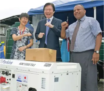  ?? Photo: Ronald Kumar ?? From left- JICA Resident Representa­tive Yukari Ono, Japanese Ambassador to Fiji Masahiro Omura and Minister for Rural and Maritime Developmen­t and National Disaster Management Inia Seruiratu, who received the relief items from the Government of Japan in Suva on May 12, 2020.