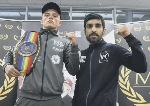  ??  ?? 0 Edinburgh’s Lee Mcgregor, left, and Kash Farooq of Glasgow at yesterday’s pre-fight press conference at the Emirates Arena.