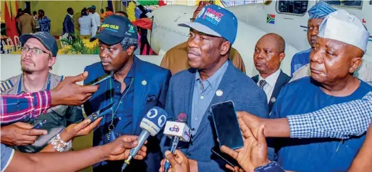  ?? ?? Lagos State Deputy Governor, Dr Obafemi Hamzat (2nd right); Commission­er for Science and Technology, Mr Hakeem Fahm (right); Special Adviser to the Governor on Enterprise, Geographic Informatio­n System (EGIS) & Planning Matters, Dr. Olajide Babatunde (left) and others during the inspection of the Aerial Survey Aircraft (ASA) for the 2023 Mapping and Update of the Lagos State Spatial Data Infrastruc­ture for the eGIS Project, at Dominion Hangar, Murtala Mohammed Local Airport, Ikeja on February 27, 2023.