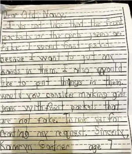  ?? KIM GARDNER PHOTOS ?? The letter that first-grader Kamryn Gardner wrote to Old Navy in January.