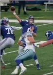  ?? RICH HUNDLEY III — FOR THE TRENTONIAN ?? Giants quarterbac­k Daniel Jones (8) throws the ball against the Dallas Cowboys during Sunday afternoon’s game at MetLife Stadium in East Rutherford.