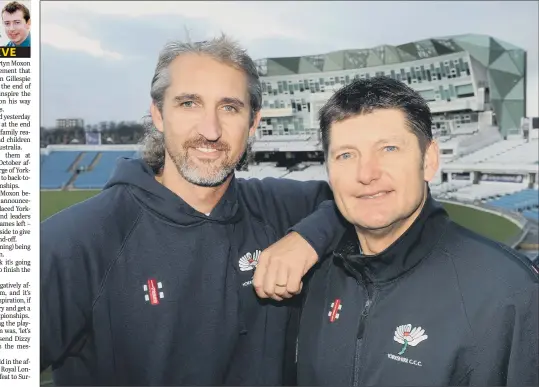  ?? PICTURE: STEVE RIDING ?? WELCOME TO HEADINGLEY: Jason Gillespie with Martyn Moxon at Headingley after his appointmen­t as first-team coach in 2011.