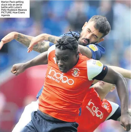  ??  ?? Marlon Pack getting stuck into an aerial battle with Luton’s Pelly-Ruddock Mpanza PICTURE: Huw Evans Agenda