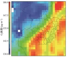  ??  ?? 图 5 2014 年 7 月臭氧高值时段(11—20 时)的月均浓度分布Fig. 5 Distributi­on of monthly average ozone concentrat­ion from 11:00 to 20:00 in July 2014