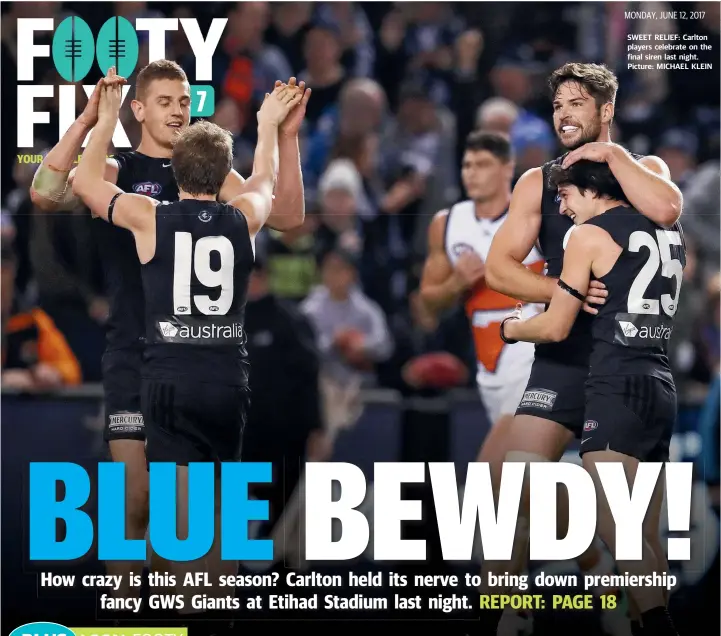  ??  ?? SWEET RELIEF: Carlton players celebrate on the final siren last night. Picture: MICHAEL KLEIN