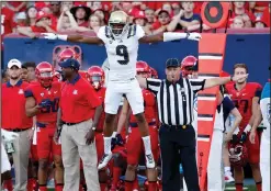  ??  ?? UCLA defensive back Marcus Rios (9) reacts after breaking up a pass against Arizona.