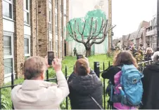  ?? ?? Crowds gather to view a Banksy artwork, a stencil of a person having spray painted tree foliage onto a wall behind a leafless tree, a graffiti artwork confirmed as being the work of the famous street artist near Finsbury Park in north London.