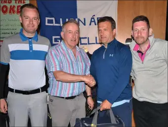  ??  ?? Chief organiser Tom McLoughlin (second left) presenting prizes for the inaugural Clonard G.A.A. Classic in Wexford on Friday. The winning team comprised Cathal O’Brien, Denis Duggan, Tony Dorazil and Eamon Black.