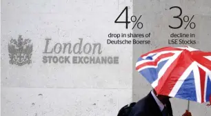  ?? — Reuters ?? The London Stock Exchange on Sunday preempted a European Commission antitrust decision, saying it was unlikely to give clearance for the merger after the London bourse had refused to sell an electronic trading platform in Italy.