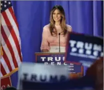  ?? THE ASSOCIATED PRESS ?? Melania Trump, husband of Republican presidenti­al candidate Donald Trump, speaks at the Main Line Sports Center in Berwyn Thursday.