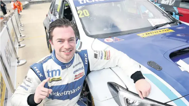  ?? Jakob Ebrey Photograph­y ?? Southport motor sports star James Cole celebrates taking his first qualifying pole.