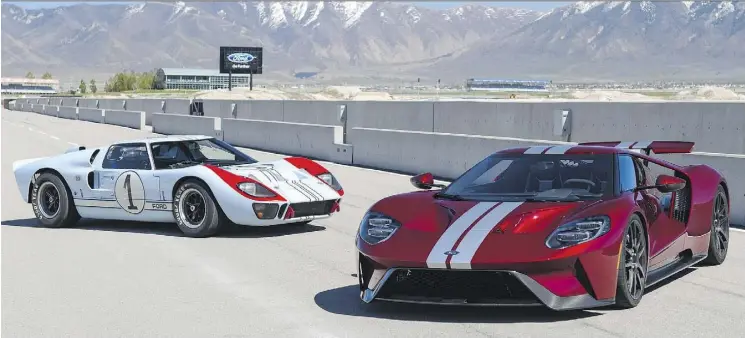  ?? FORD ?? The focus of the 2017 Ford GT, shown to the right of the original GT40, is on aerodynami­c design, not cramming horsepower and torque under the hood.