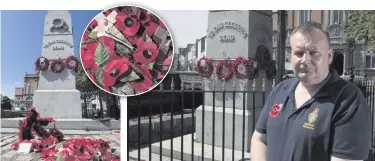  ??  ?? Ricky McGaffin, Poppy Appeal officer for the Newry branch, at the damaged cenotaph