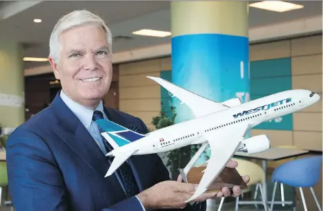  ?? LARRY MACDOUGAL/THE CANADIAN PRESS FILES ?? WestJet Airlines CEO Gregg Saretsky, seen with a model of the Boeing 787 Dreamliner, says the company prefers to hire Swoop pilots internally. WestJet is in talks with the pilots union, which says the firm has “not properly engaged” with it on Swoop.