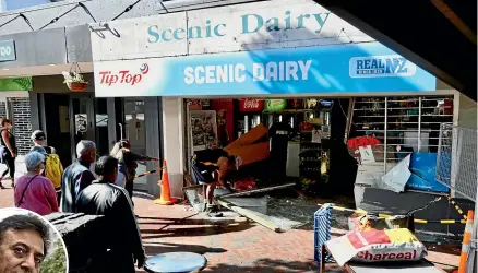  ?? RICKY WILSON/STUFF ?? Scenic Dairy in Auckland’s Titirangi was ramraided in early April. Sunny Kaushal, inset, has become a face of small business crime, co-ordinating a large proportion of the raid response with police.