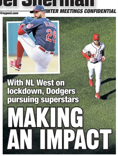  ?? Getty Images; AP ?? HOLLYWOOD ENDING: Outfielder Bryce Harper and right-hander Corey Kluber (inset) are two of the marquee names the Dodgers could target this offseason, with Los Angeles already a huge favorite to repeat as NL West champs.