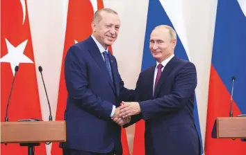  ?? AP ?? Russian President Vladimir Putin and Turkish President Recep Tayyip Erdogan after their joint news conference following their talks in the Black Sea resort of Sochi yesterday.