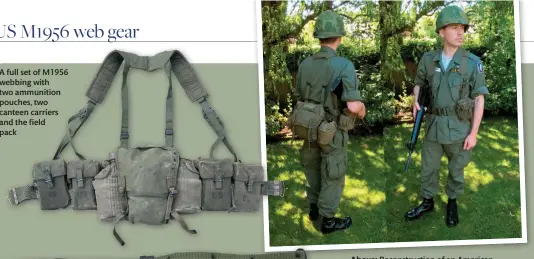  ??  ?? A full set of M1956 webbing with two ammunition pouches, two canteen carriers and the field pack
Above: Reconstruc­tion of an American soldier in Vietnam wearing the M1956 webbing set, note how the canteens are carried on the side of the field pack rather than the belt (Simon Moore)