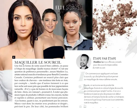  ??  ?? Kim Kardashian West ( 1), Kate Hudson ( 2) et Rihanna ( 3) maîtrisent le maquillage du sourcil à la perfection. 2 3 1