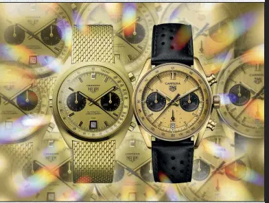  ?? ?? TAG Heuer fa rivivere il modello 1158 CHN in oro (a sinistra) e presenta una nuova versione dello storico capolavoro (a destra)