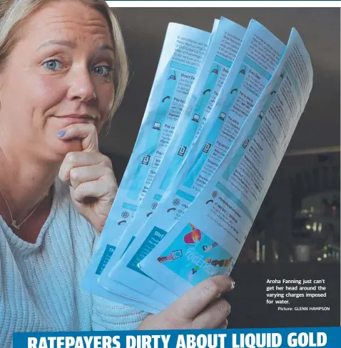  ?? Picture: GLENN HAMPSON ?? Aroha Fanning just can’t get her head around the varying charges imposed for water.