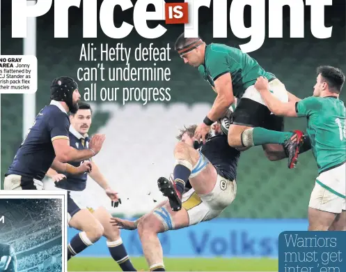  ??  ?? NO GRAY AREA Jonny is flattened by CJ Stander as Irish pack flex their muscles