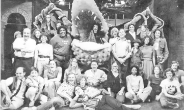  ??  ?? An archival photo of the cast and crew of the original WPA Theater production of ‘Little Shop of Horrors’, circa 1982. Ashman and Menken are bottom centre. Wilkof is far left. — Courtesy of Lee Wilkof