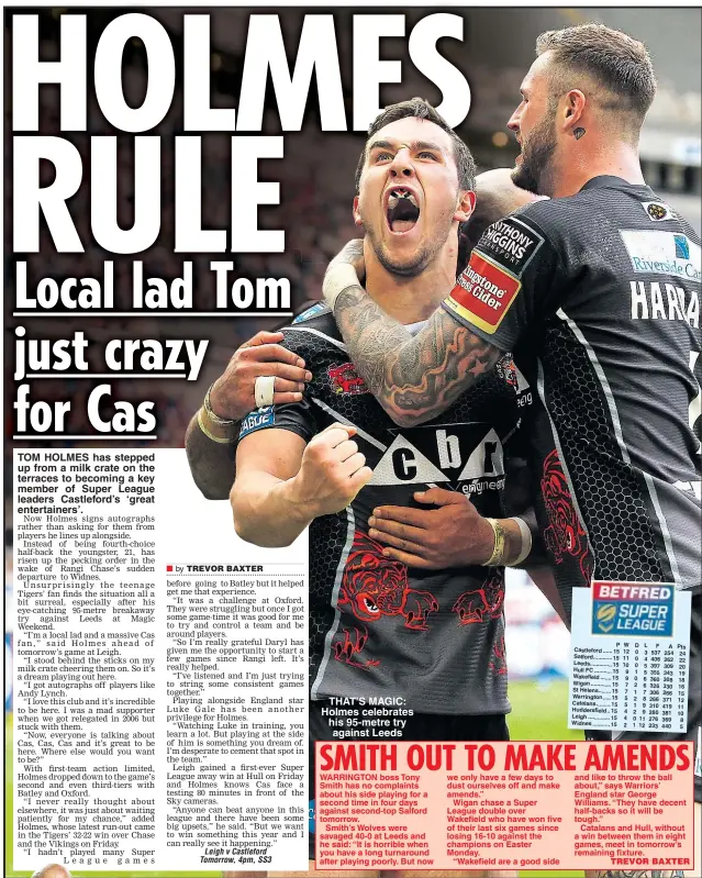  ??  ?? TOM HOLMES has stepped up from a milk crate on the terraces to becoming a key member of Super League leaders Castleford’s ‘great entertaine­rs’. THAT’S MAGIC: Holmes celebrates his 95-metre try against Leeds