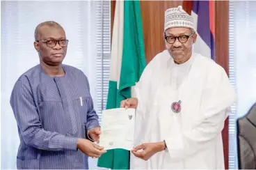  ?? Photo: NAN ?? President Muhammadu Buhari receives his West African Examinatio­ns Council (WAEC) attestatio­n and confirmati­on of result from WAEC Registrar, Dr. Iyi Uwadiae at the Presidenti­al Villa in Abuja yesterday