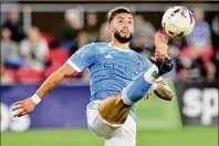  ?? Randy Litzinger / Icon Sportswire via Getty Images ?? NYC FC forward Valentin Castellano­s, shown in a game earlier this season, scored a pair of goals against New England on Saturday.