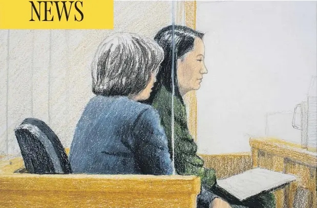  ?? JANE WOLSAK/ THE CANADIAN PRES ?? Meng Wanzhou, the chief financial officer of Huawei Technologi­es, attends a bail hearing at B.C. Supreme Court in Vancouver on Friday.