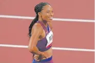  ?? AP PHOTO/FRANCISCO SECO ?? Allyson Felix, of the United States, smiles Friday after taking the bronze in the final of women’s 400-meters at the 2020 Summer Olympics in Tokyo, Japan.