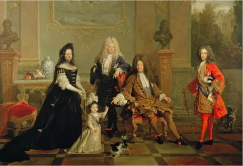  ?? ?? Madame de Ventadour avec Louis XIV et ses héritiers, attribué à François de Troy (1645-1730). Louis XIV (16381715) devant les bustes de son père, Louis XIII et grand-père, Henri IV, au côté de son fils, le Grand Dauphin (1661-1711), petit-fils, le duc de Bourgogne (1682-1712) et arrière-petit-fils, le futur Louis XV.