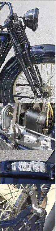  ?? ?? RIGHT (TOP TO BOTTOM) The Merkel front fork – favoured by racers in the 1920s – to the point that many Flying Merkels were cannibalis­ed of this prize item for other uses. Simms magneto supplies the sparks. Glove box in the right hand side of the fuel tank. Stopping is achieved via twin 6-inch external-band drums at the rear.