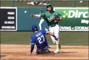  ?? CHRIS CODUTO — GETTY IMAGES ?? The A's Zack Gelof (46) turns a double play over the Royals' Matt Beaty (27) during the third inning of Friday's spring training game at Hohokam Stadium in Mesa, Ariz.