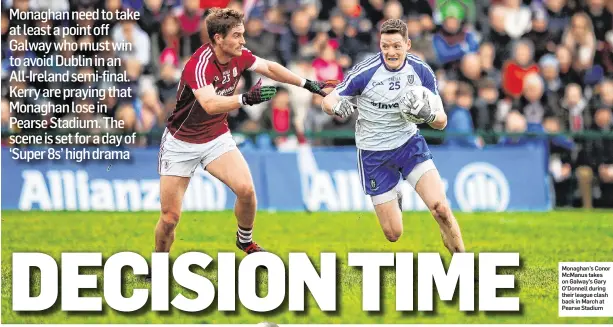  ??  ?? Monaghan’s Conor McManus takes on Galway’s Gary O’Donnell during their league clash back in March at Pearse Stadium