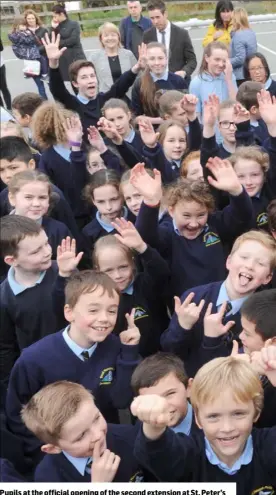  ??  ?? Pupils at the official opening of the second extension at St. Peter’s National School, Dromiskin.