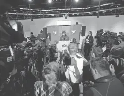  ?? JOE RONDONE/THE REPUBLIC ?? Eagles quarterbac­k Jalen Hurts speaks during the NFL's Super Bowl opening night Monday at the Footprint Center in Phoenix.