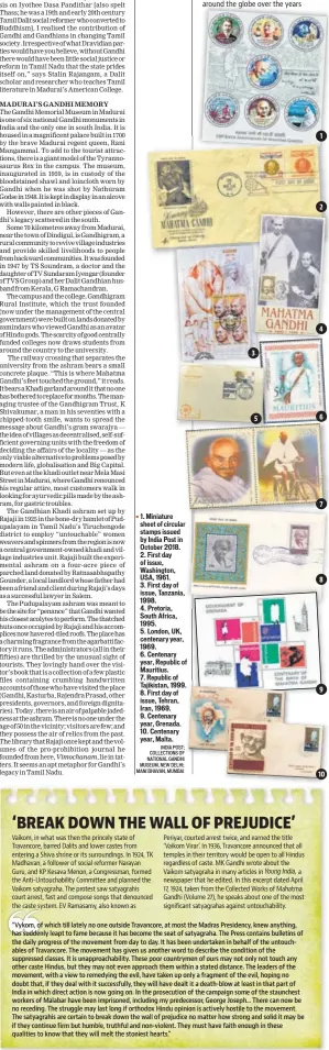  ?? INDIA POST; COLLECTION­S OF NATIONAL GANDHI MUSEUM, NEW DELHI; MANI BHAVAN, MUMBAI ?? ■
1. Miniature sheet of circular stamps issued by India Post in October 2018.
2. First day of issue, Washington, USA, 1961.
3. First day of issue, Tanzania, 1998.
4. Pretoria, South Africa, 1995.
5. London, UK, centenary year, 1969.
6. Centenary year, Republic of Mauritius.
7. Republic of Tajikistan, 1999.
8. First day of issue, Tehran, Iran, 1969.
9. Centenary year, Grenada.
10. Centenary year, Malta.