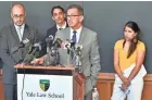  ??  ?? Connecticu­t Gov. Dannel P. Malloy speaks during a news conference Tuesday at the Yale Law School in New Haven to discuss lawsuits filed on behalf of two immigrant children from Honduras and El Salvador.