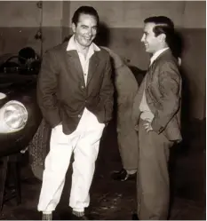  ??  ?? Below left: Jean Behra, left, and Valerio Colotti enjoying a laugh in Modena, Italy. That was Colottiʼs base during engineerin­g stints with Ferrari and later Maserati