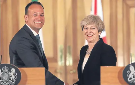  ?? Picture: PA. ?? Theresa May meets Irish Taoiseach Leo Varadkar, whose government’s suggestion to use ports and airports as the border after Brexit have been rejected by Mrs May’s DUP allies.