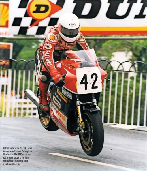  ??  ?? In the F1 race at the 1987 TT, James takes a nosedive over Ballaugh on his slabside GSX-R750 on his way to a 108mph lap. Note the front numberboar­d fashioned from a bathroom floor tile