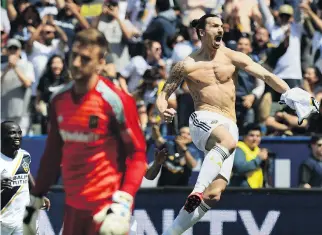  ?? MARK RALSTON/AFP/GETTY IMAGES ?? Zlatan Ibrahimovi­c celebrates one of his two goals in his outstandin­g LA Galaxy debut against Los Angeles FC at the StarHub Center, and now everyone is waiting to see what he does next.